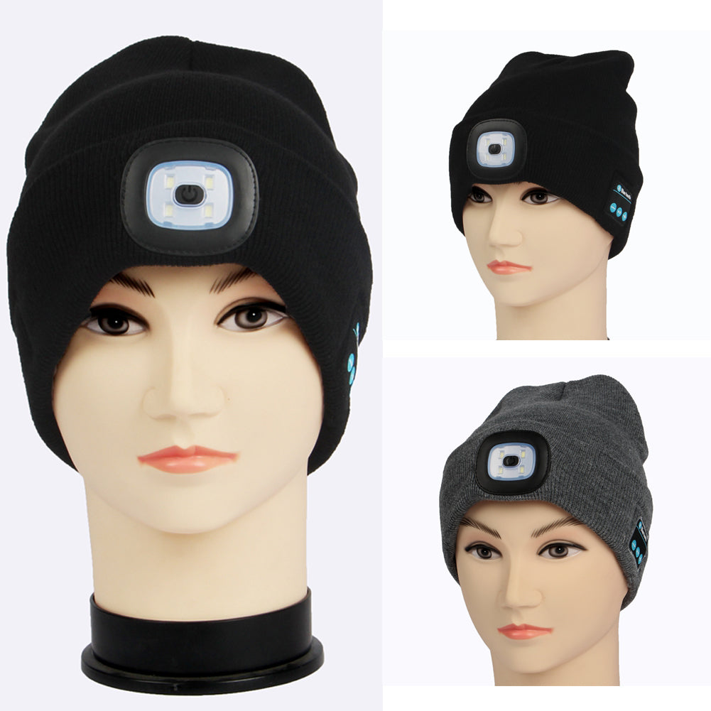 Smart Wireless Bluetooth Headphone Beanie Hat W/ LED Headlight