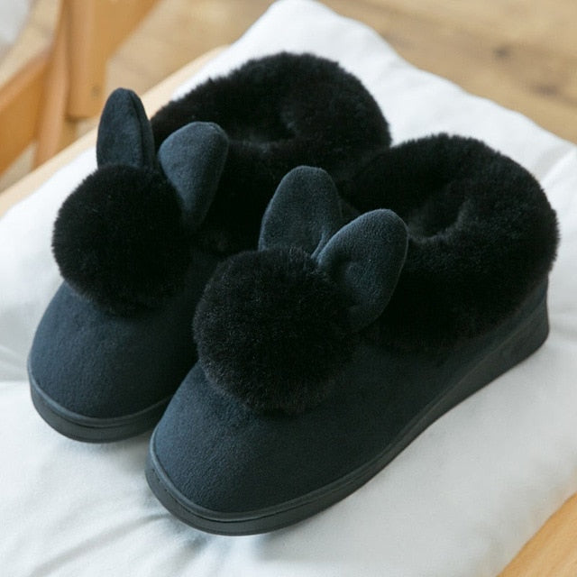 Women's Suede Fluff Bunny Puff Indoor Slippers