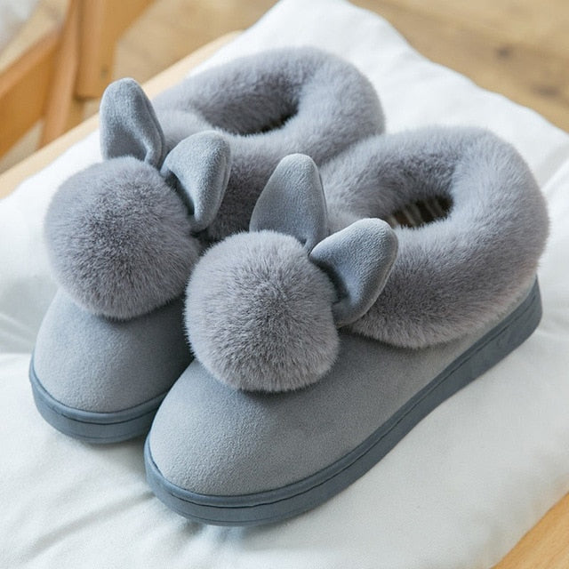 Women's Suede Fluff Bunny Puff Indoor Slippers