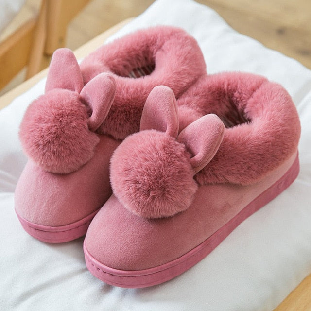 Women's Suede Fluff Bunny Puff Indoor Slippers