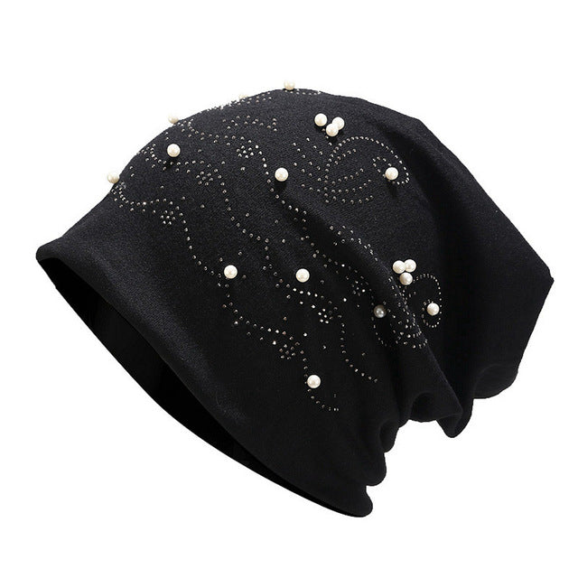 Women's Solid Kintted Pearl Stretch Winter Beanie