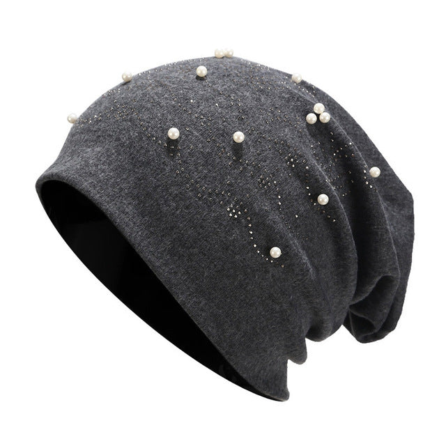 Women's Solid Kintted Pearl Stretch Winter Beanie