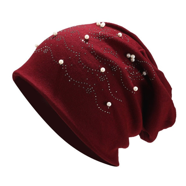 Women's Solid Kintted Pearl Stretch Winter Beanie