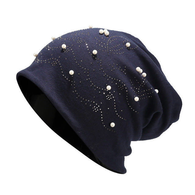 Women's Solid Kintted Pearl Stretch Winter Beanie