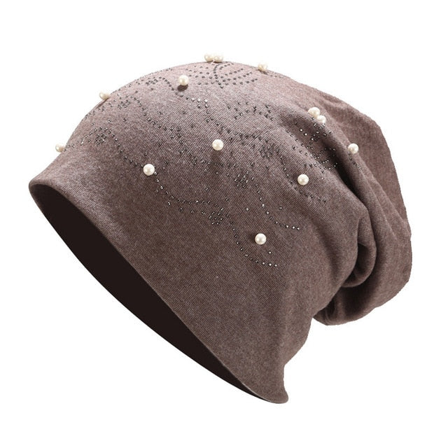 Women's Solid Kintted Pearl Stretch Winter Beanie