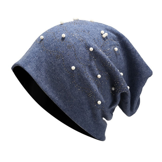 Women's Solid Kintted Pearl Stretch Winter Beanie