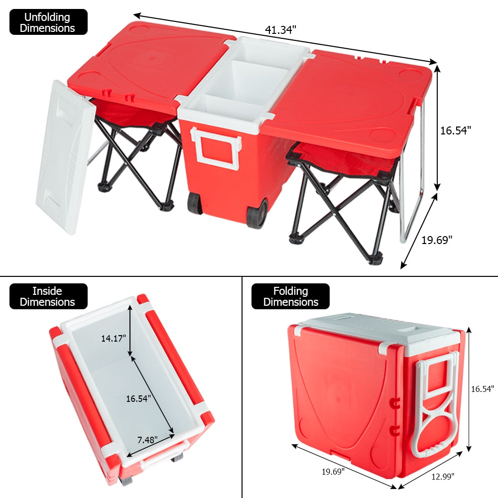 Rolling Summer Multi Functional Picnic & Beach Cooler Table W/ 2 Chairs