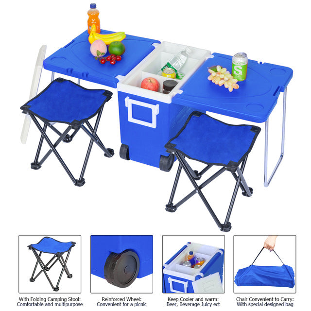 Rolling Summer Multi Functional Picnic & Beach Cooler Table W/ 2 Chairs