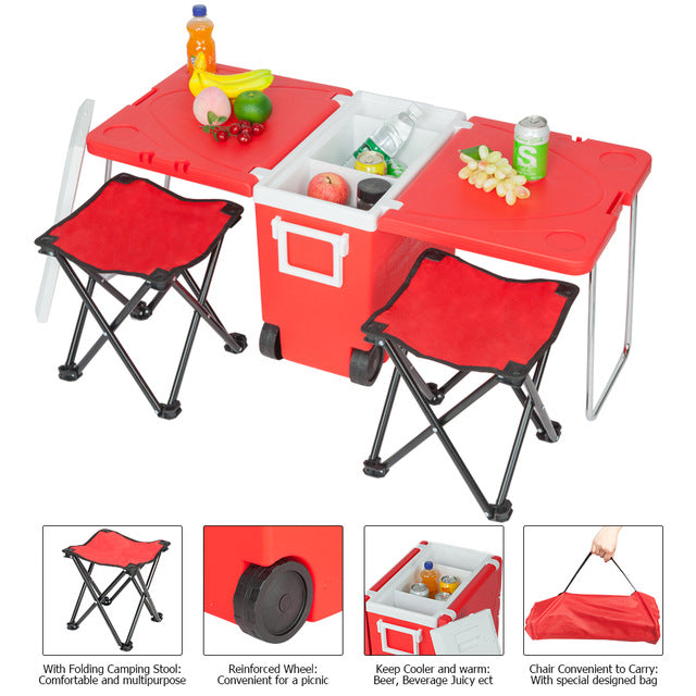 Rolling Summer Multi Functional Picnic & Beach Cooler Table W/ 2 Chairs