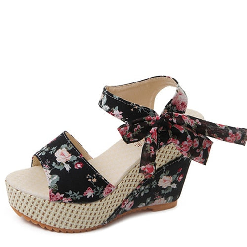 Sundance Dreams Floral Peep Toe Wedge Sandals