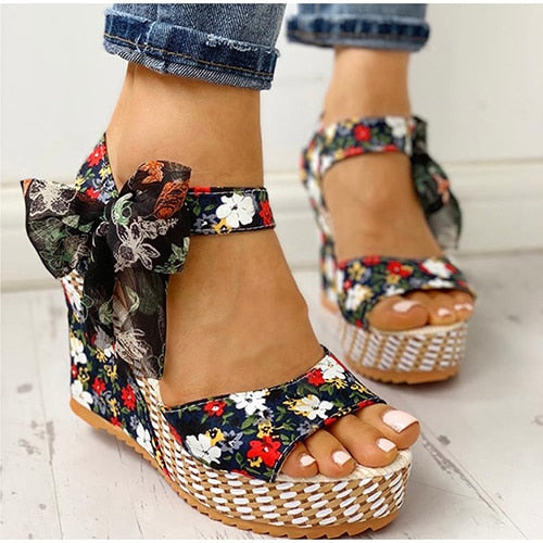 Sundance Dreams Floral Peep Toe Wedge Sandals