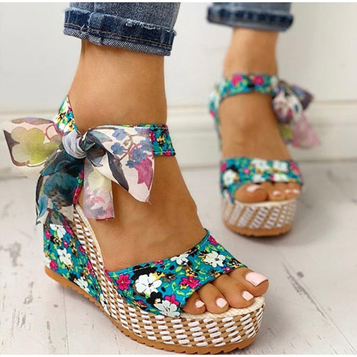 Sundance Dreams Floral Peep Toe Wedge Sandals