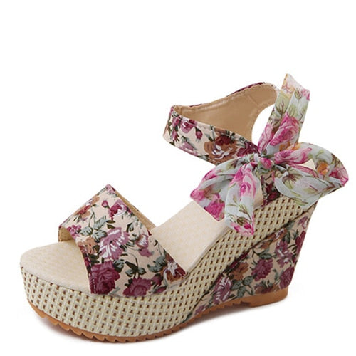 Sundance Dreams Floral Peep Toe Wedge Sandals