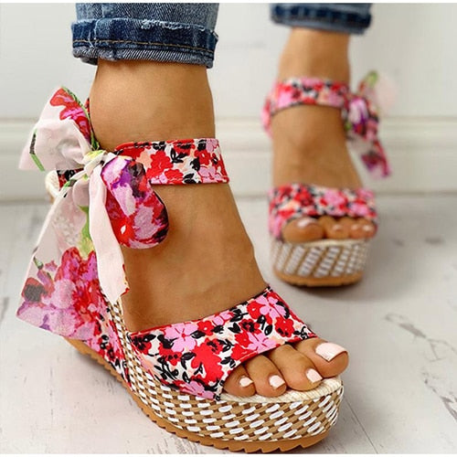 Sundance Dreams Floral Peep Toe Wedge Sandals