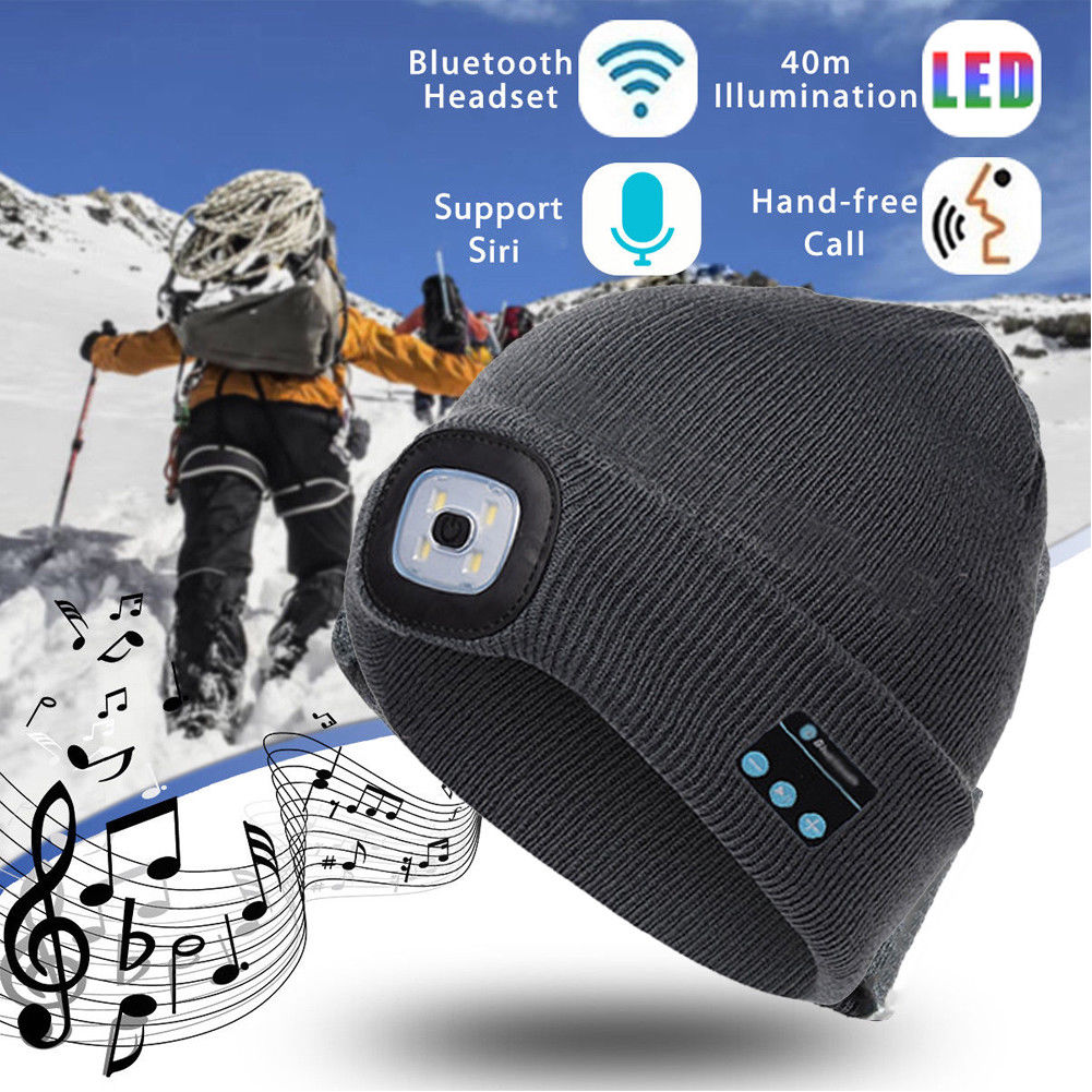 Smart Wireless Bluetooth Headphone Beanie Hat W/ LED Headlight