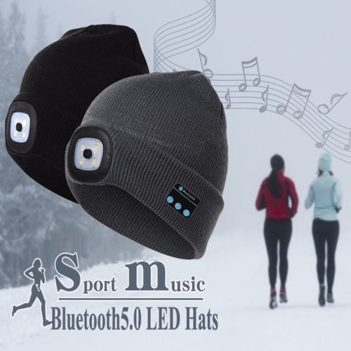 Smart Wireless Bluetooth Headphone Beanie Hat W/ LED Headlight