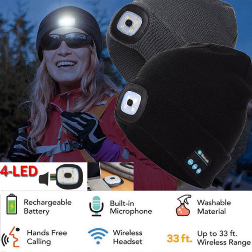 Smart Wireless Bluetooth Headphone Beanie Hat W/ LED Headlight