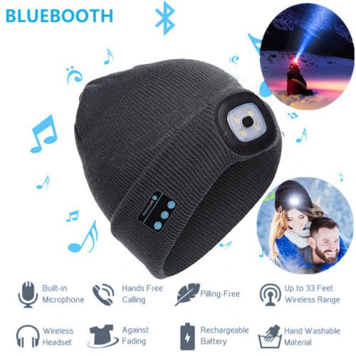 Smart Wireless Bluetooth Headphone Beanie Hat W/ LED Headlight