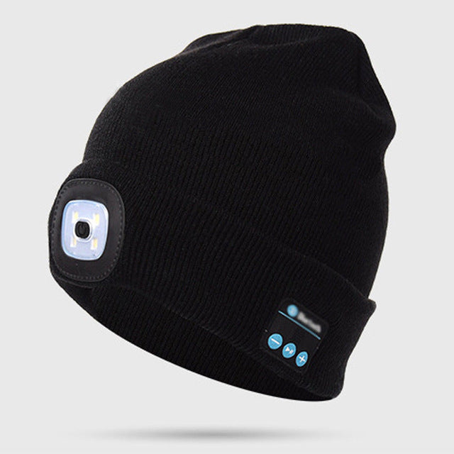 Smart Wireless Bluetooth Headphone Beanie Hat W/ LED Headlight