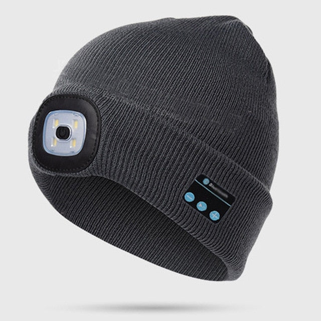 Smart Wireless Bluetooth Headphone Beanie Hat W/ LED Headlight